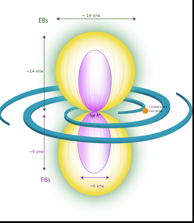 Иллюстрация возможного положения «пузырей еРОЗИТА» (EB, eROSITA bubbles, желтый цвет) и «пузырей Ферми» (FB, Fermi bubbles, розовый цвет) относительно Галактики и Солнечной системы. Изображение из статьи P. Predehl, R.A. Sunyaev, et al.