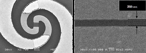 Слева изображена часть чипа смесителя со спиральной антенной и смесительным элементом в центре. Изображение полученное с помощью сканирующего электронного микроскопа. Справа дано увеличенное изображение активного участка плёнки NbN (смесительного элемента).