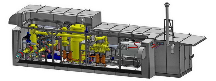 Модель газодожимной установки в индивидуальном укрытии арктического типа для ГТУ-ТЭЦ Усинского месторождения