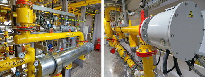Узлы подогрева газа: на базе жидкостного теплообменника (слева) и электрического подогревателя
