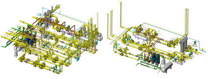 Схема размещения оборудования в модулях подготовки топливного газа №1 (слева) и №2