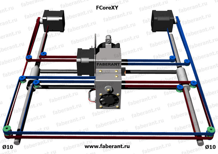 Реализация FCoreXY для 3D-принтера Faberant Cube. По оси Y используются толстые направляющие диаметром 10 мм, по оси Х - более тонкие диаметром 8 мм