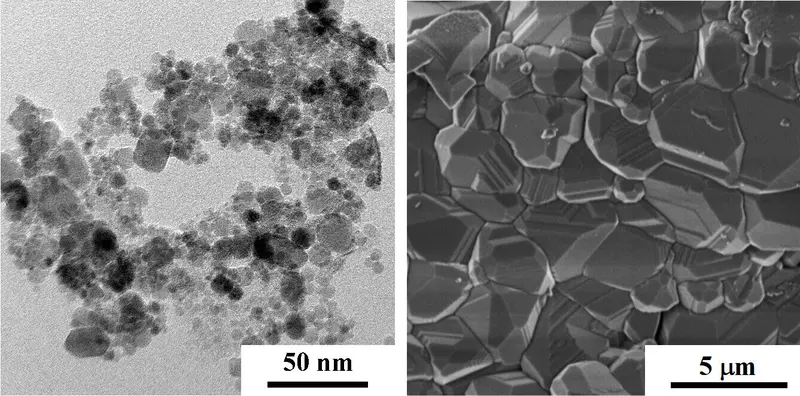 Наночастицы (слева) и плотная керамика (справа) феррита кобальта CoFe2O4. Источник: Евгений Горбачев/МГУ
