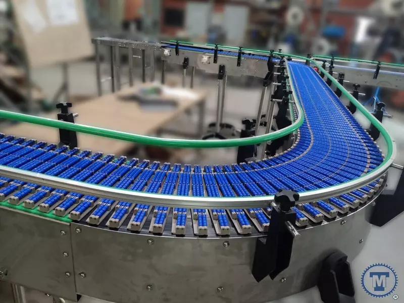 Изображение №3 для публикации «#промышленное оборудование: Конвейер пластинчатый поворотный на модульной ленте для транспортировки бутылок и коробок»