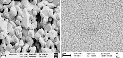 Сравнительная микроструктура обычной керамики (слева) и нанокерамики, (справа)