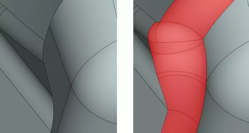 Рис.7. Обработка участков с радиусом кривизны меньшим, чем текущий радиус сглаживания