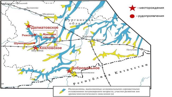 Схема расположения урановых месторождений и рудопроявлений Зауральского урановорудного района. (карта с сайта предприятия ЗАО "Далур")