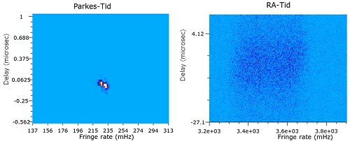 Слева изображение излучения пульсара из созвездия Парусов полученное с помощью наземных радиотелескопов, справа изображение рассеяного излучения пульсара прошедшего сквозь межзвездную плазму полученное с помощью РадиоАстрона